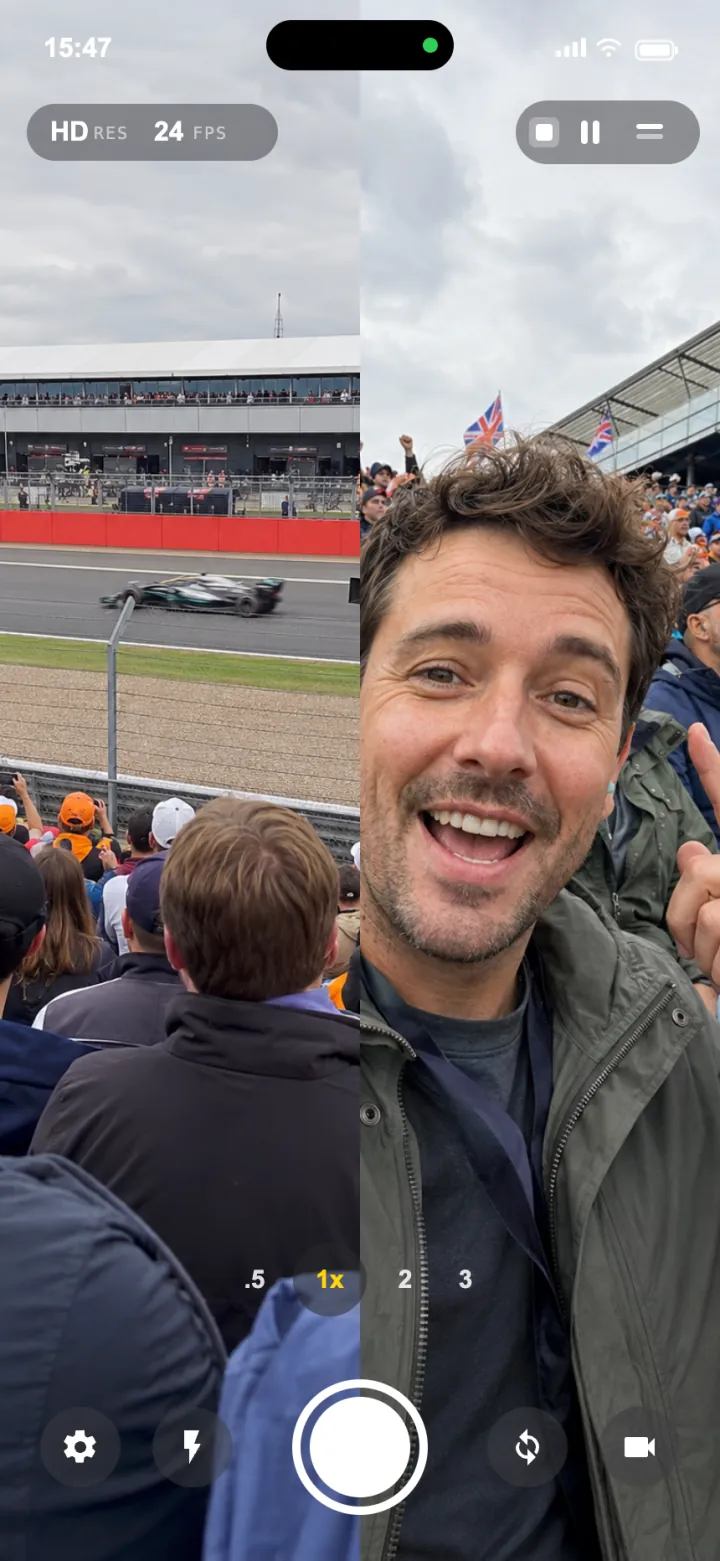 The split screen layout: the front and back cameras side by side, each filling half the frame.